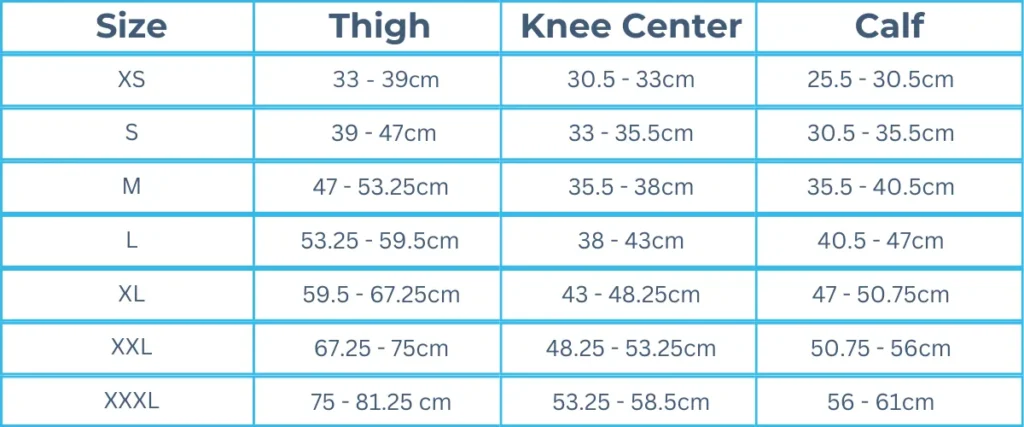 knee brace size chart for measurements, detailing how to measure for a knee brace accurately.
